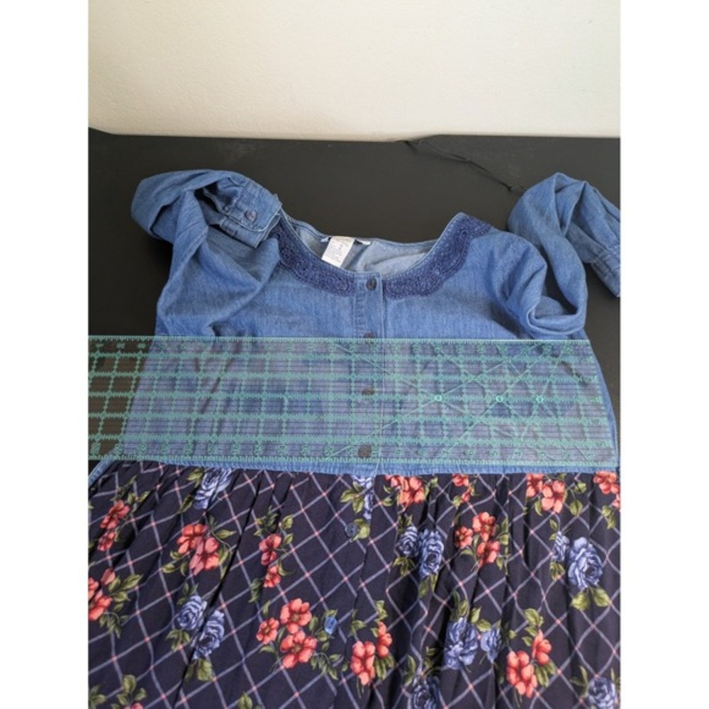 Vintage 90s Cottagecore Maxi Dress XL Denim Floral Plaid Button Up Lace Applique - Picture 8 of 8